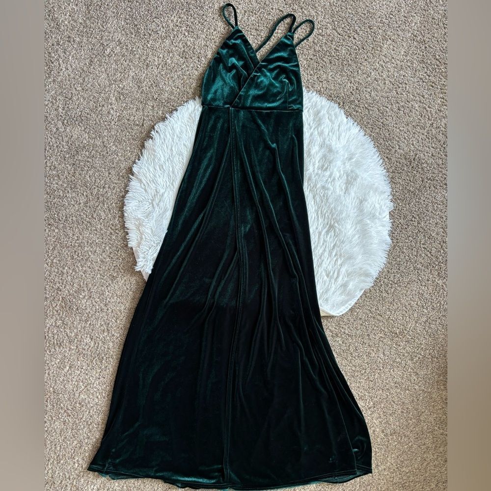 Lulus Dress New BROKEN STRAP Velour Velvet Long Maxi Dark Green‎ Womens Small